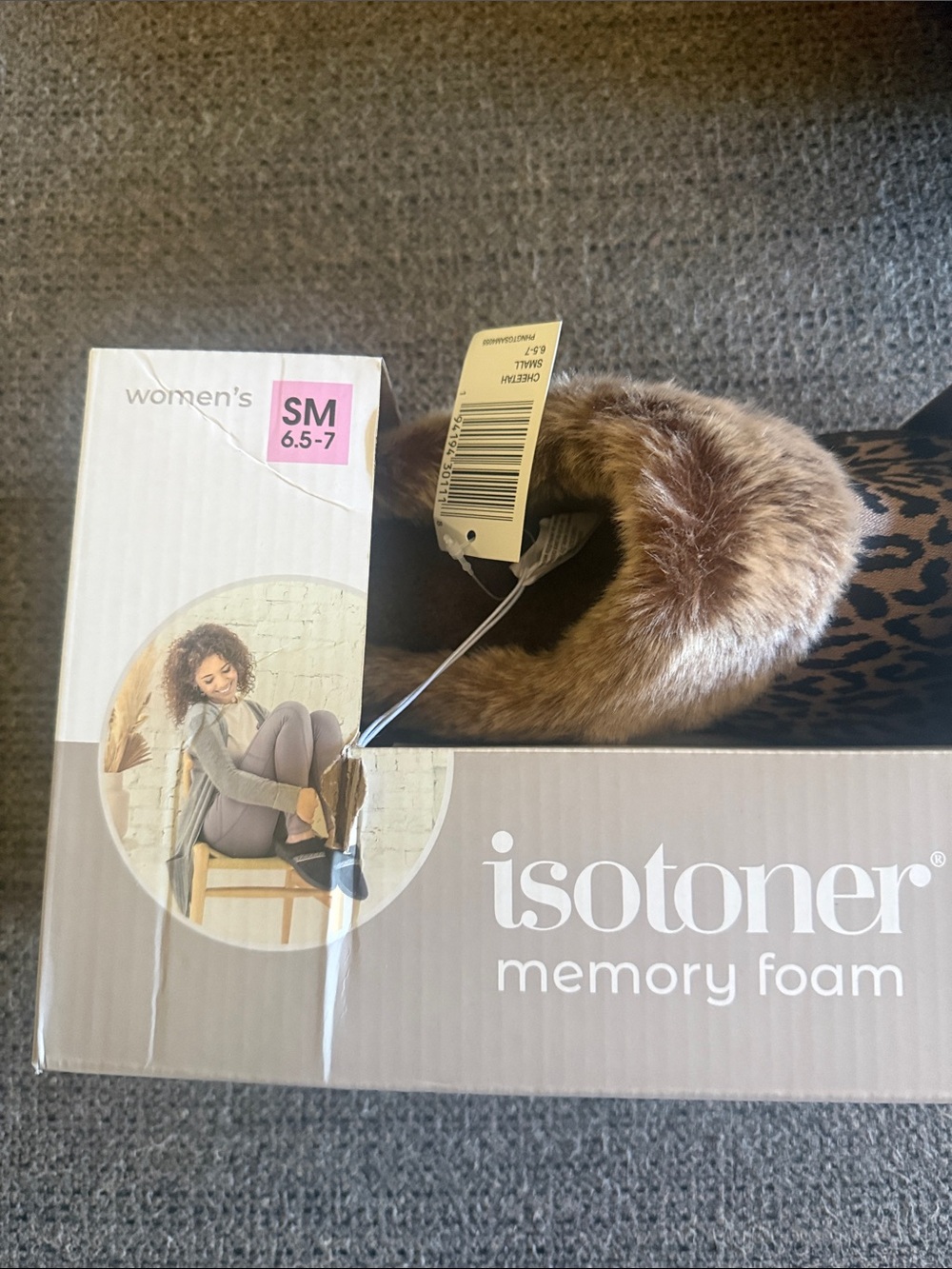 isotoner Leopard Print Memory Foam Slippers with Faux Fur Trim - Brown - Picture 2 of 4